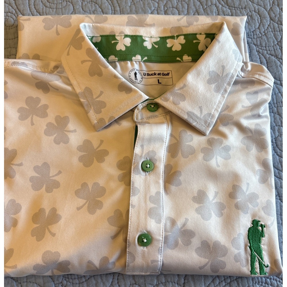 U Suck At Golf Polo Shirt Mens Large White Shamrock Irish Golf Stretch AOP